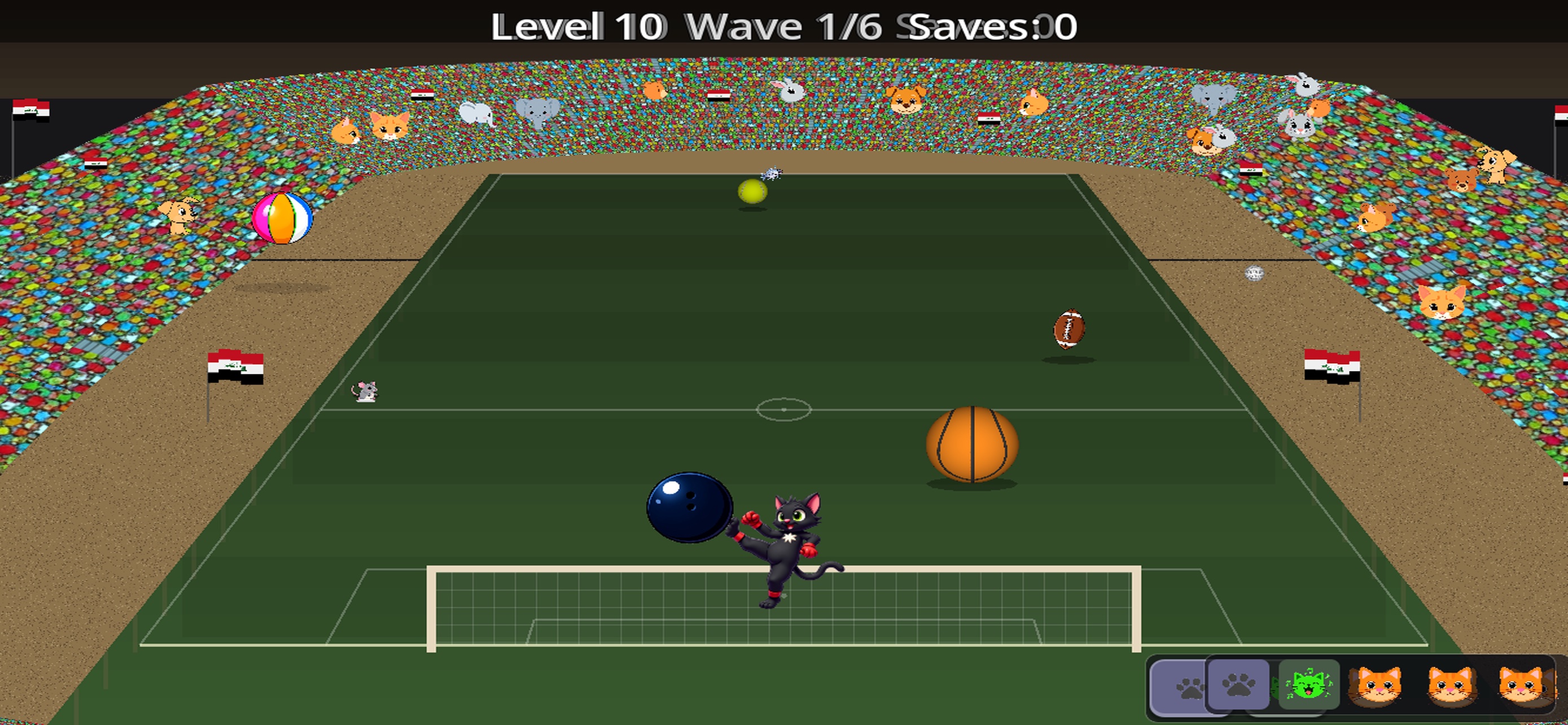 Crazy Cat Soccer gameplay — cat goalie defending the net